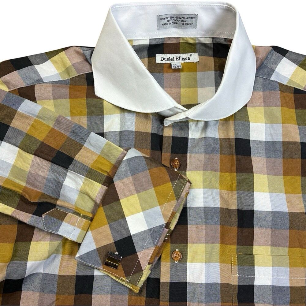 Daniel Ellissa Dress Shirt 17.5 36/37 Brown Plaid White Collar & French Cuffs